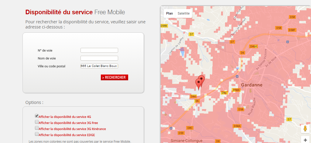 Couverture 4G Free Mobile dans la zone (j'habite au pointeur le plus à droite bel et bien dans la zone de disponibilité du reseau 4G). Le Lycée Marie Madeleine Fourcade 13120 est aussi dans la zone colorée et on y capte une h+ déplorable