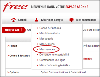 Menu des Services Free Mobile